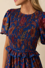 In The Meantime Navy Multi Floral Print Puff Sleeve Maxi Dress