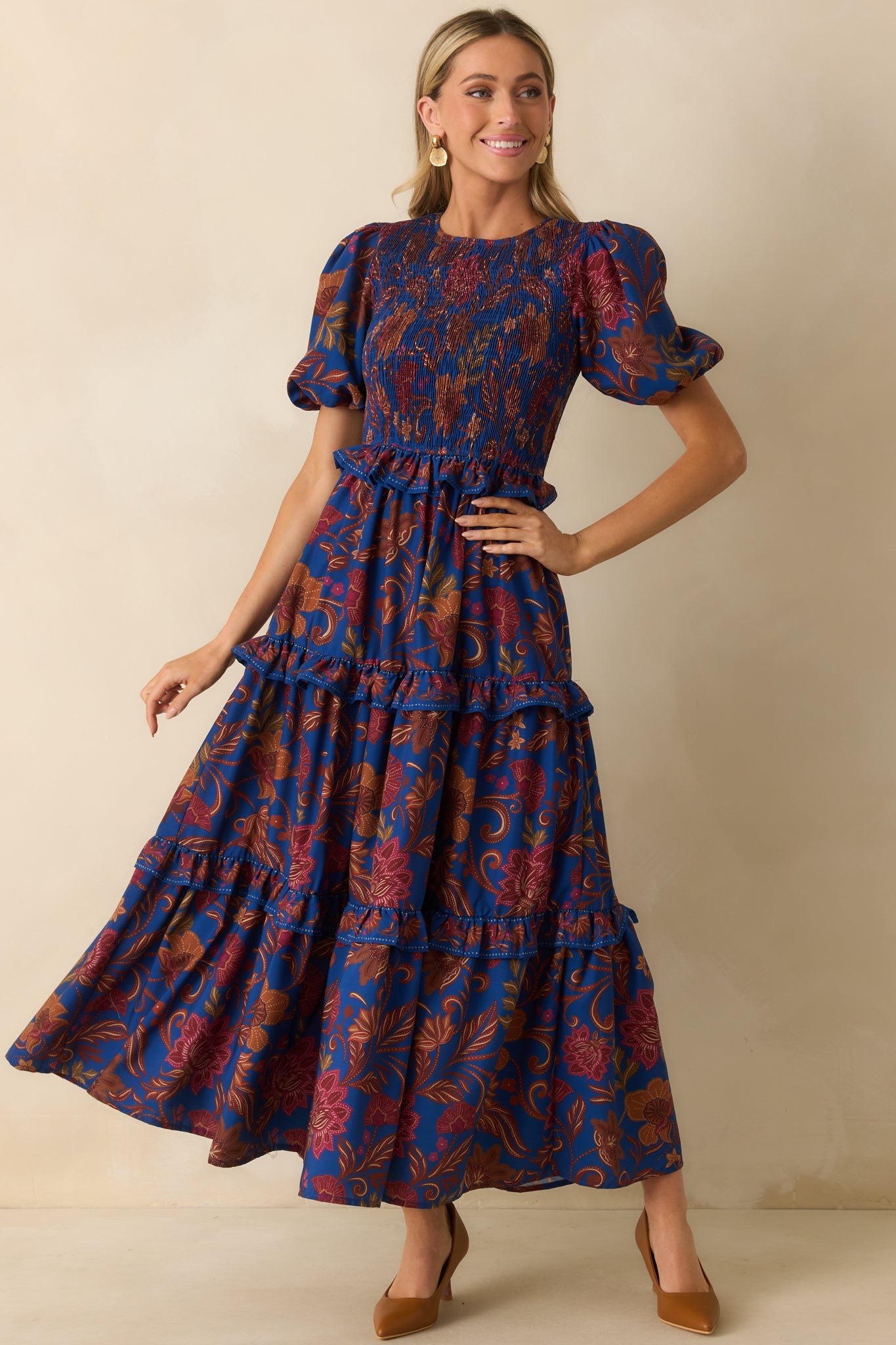In The Meantime Navy Multi Floral Print Puff Sleeve Maxi Dress