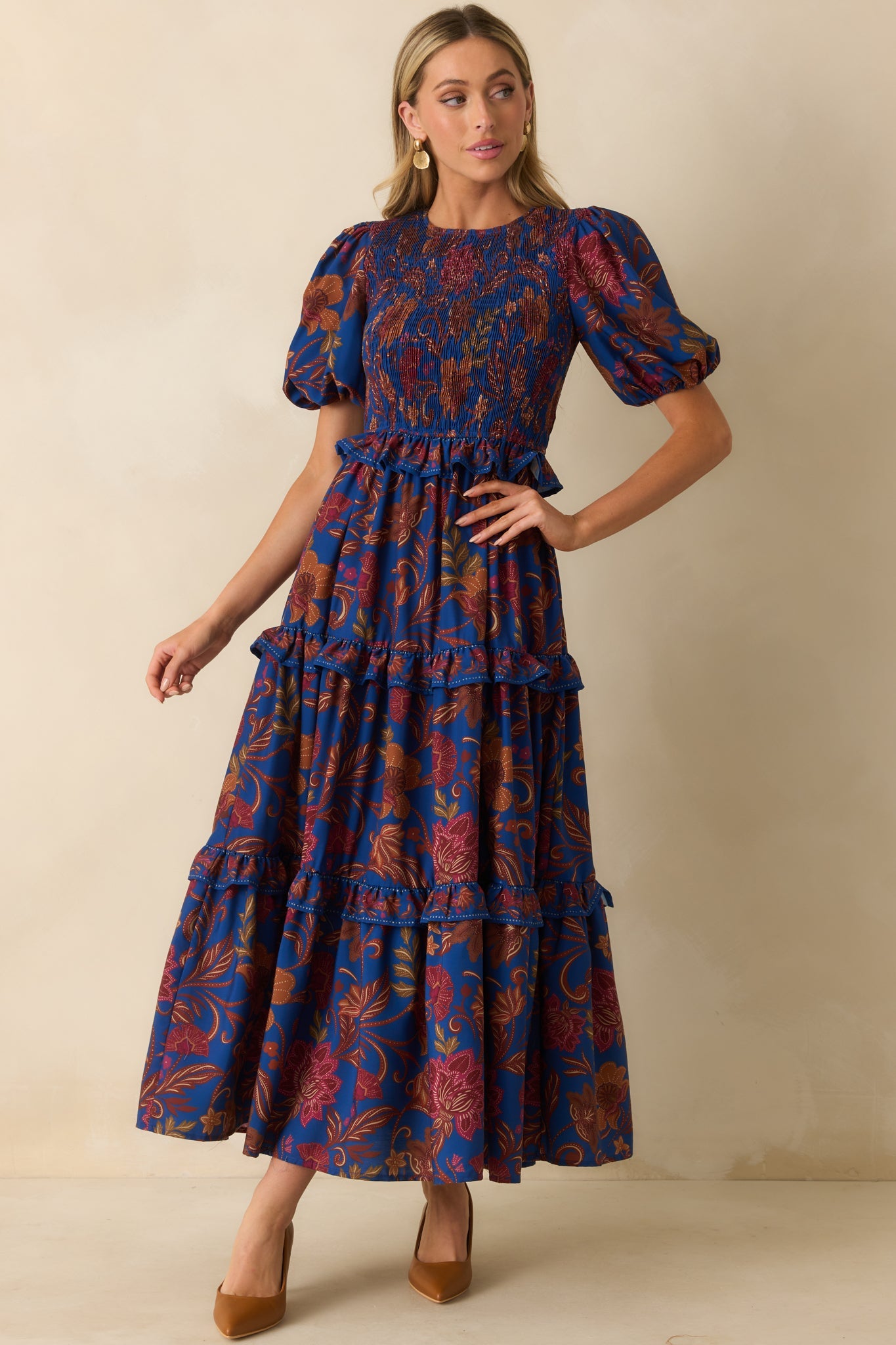 In The Meantime Navy Multi Floral Print Puff Sleeve Maxi Dress