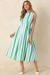 All the Energy Blue Multi Stripe Cotton Sleeveless Midi Dress