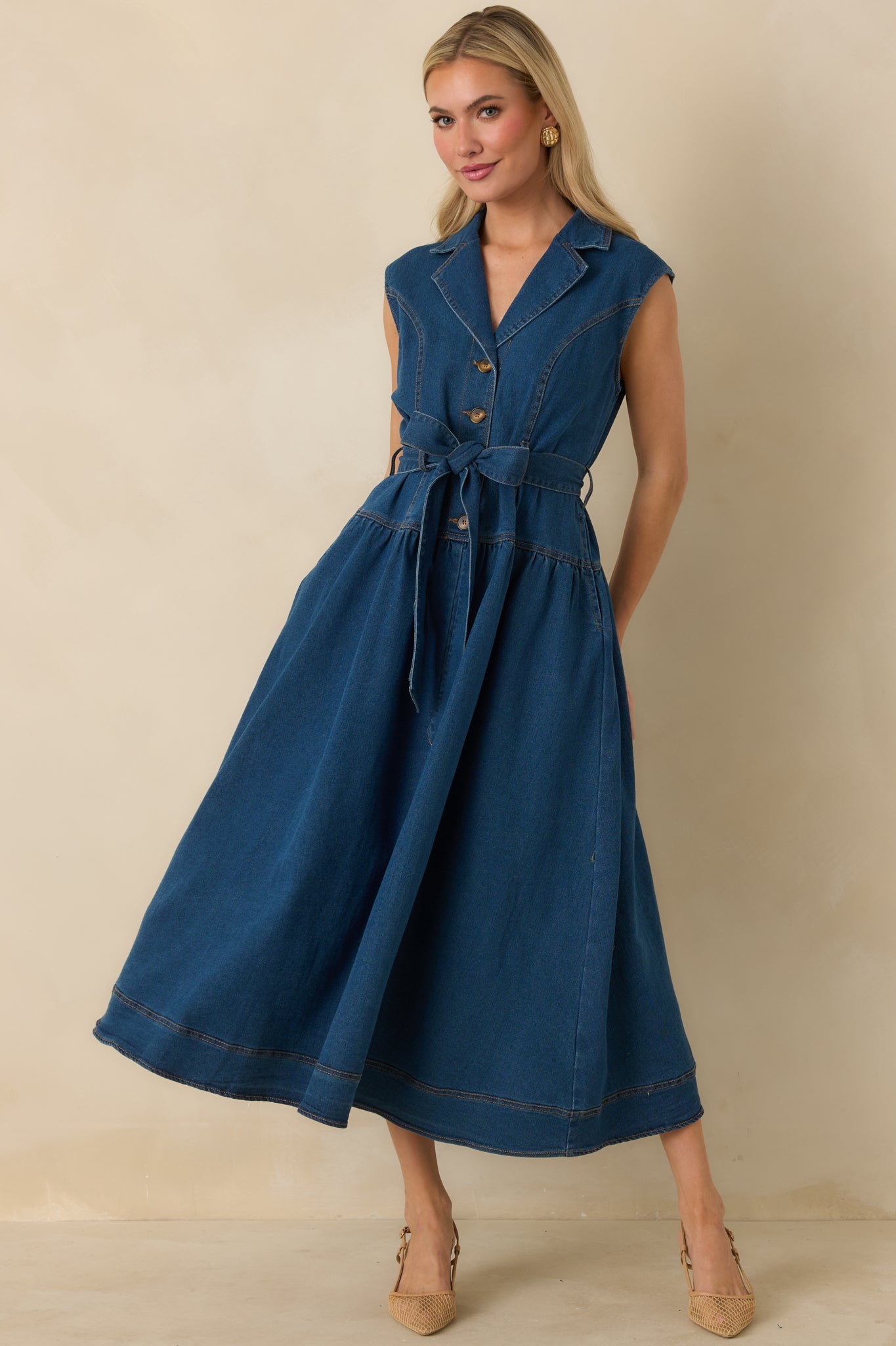 I'm All In Dark Wash Denim Tie-Belt Midi Dress