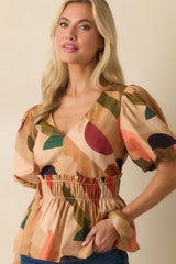 You'll See Why Tan Multi Abstract Print Puff Sleeve Peplum Top