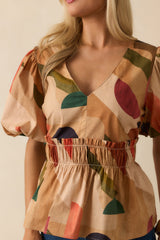 You'll See Why Tan Multi Abstract Print Puff Sleeve Peplum Top