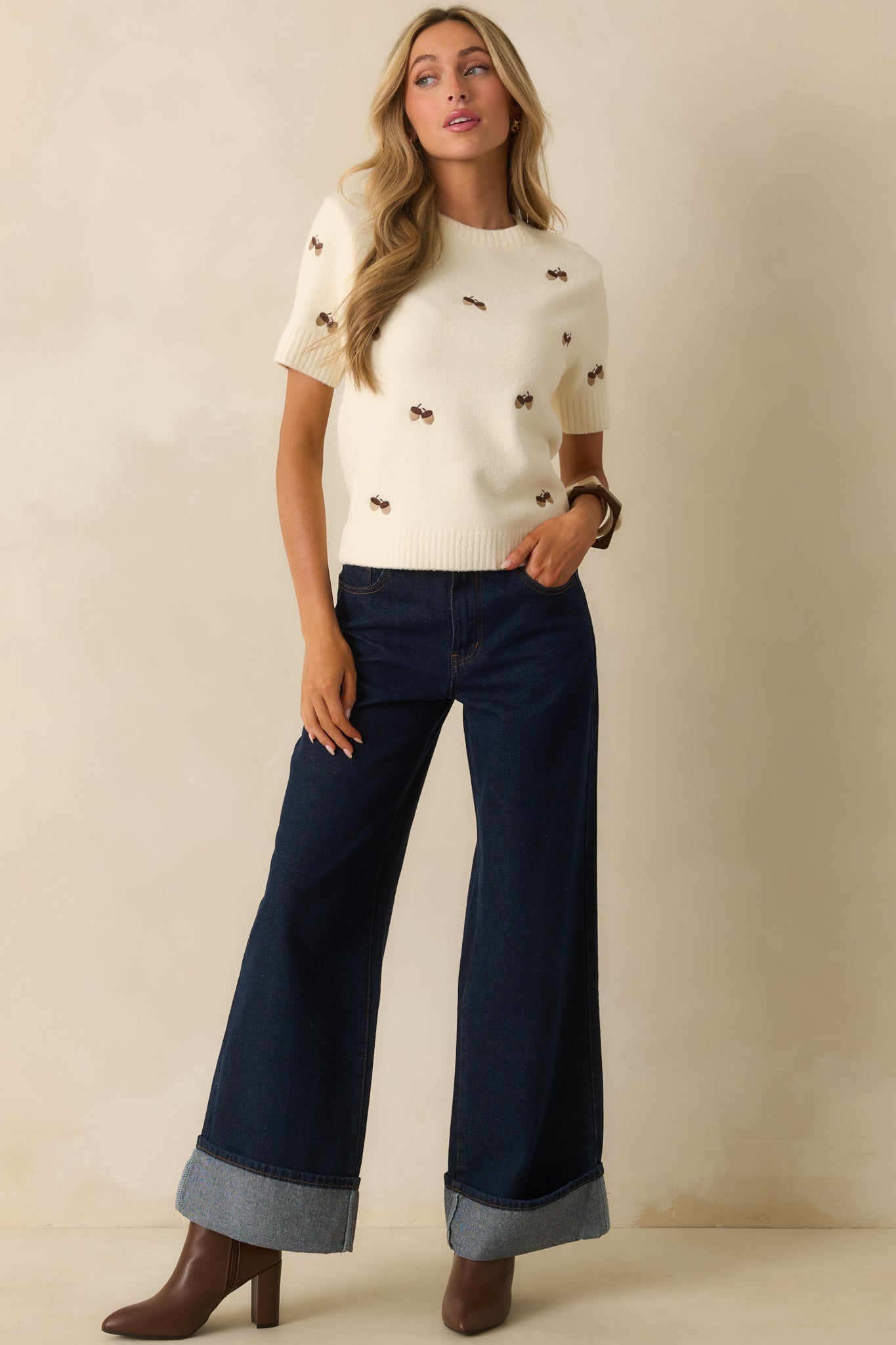 Found My Place Ivory Acorn Embroidered Short Sleeve Sweater