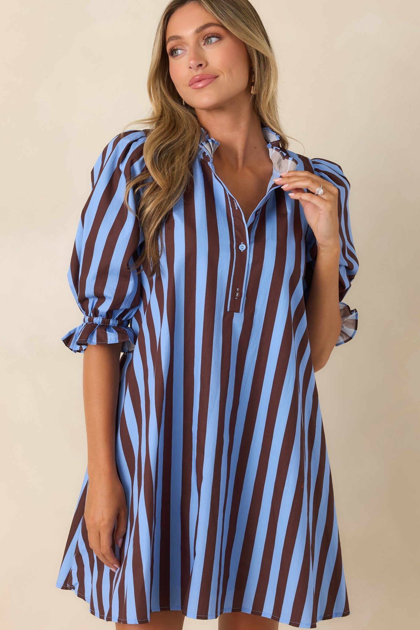 Here's the Plan Blue & Brown Stripe Cotton Mini Shift Dress
