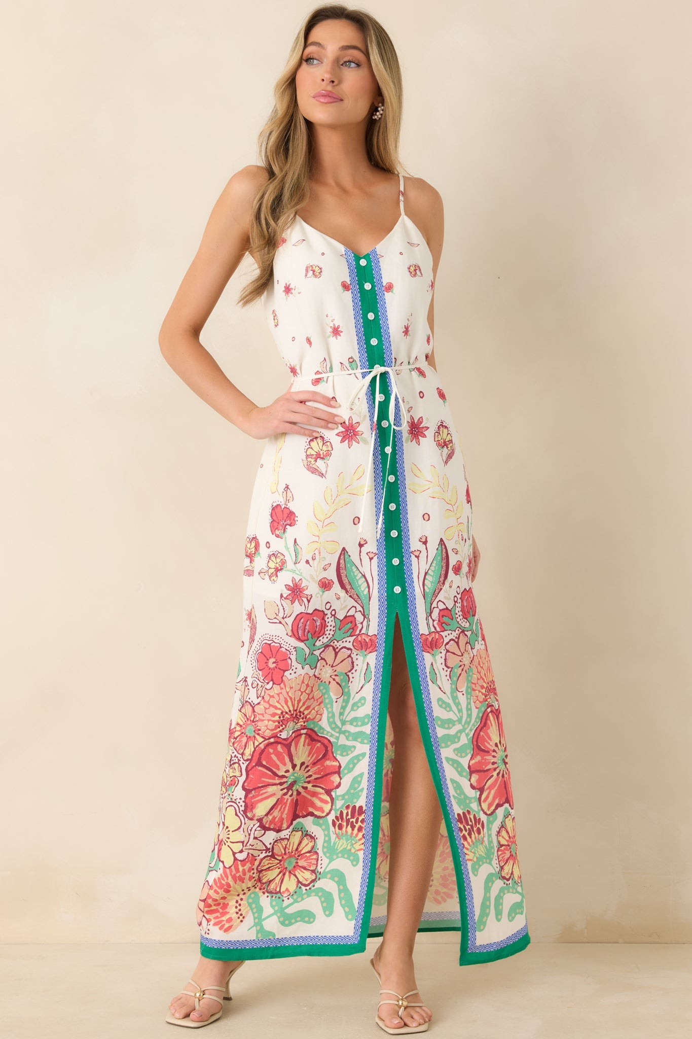 Floral Fantasy Green & Coral Pink Floral Maxi Dress