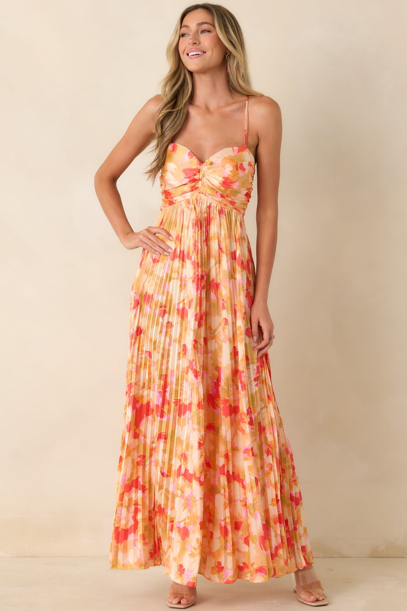 Painted in Sunshine Peach & Red Multi Satin Finish Pleated Maxi Dress