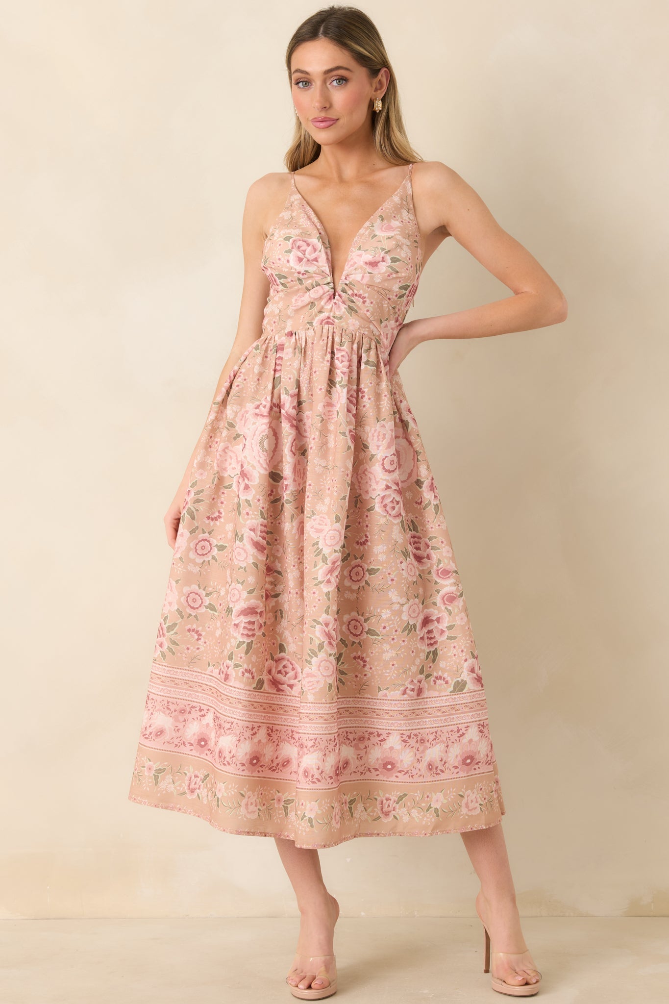 Totally in Love Beige & Pink Floral Deep V-Neck Midi Dress