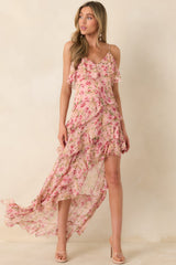 Keep Me Twirling Blush Pink Multi Floral Ruffle Asymmetrical Maxi Dress