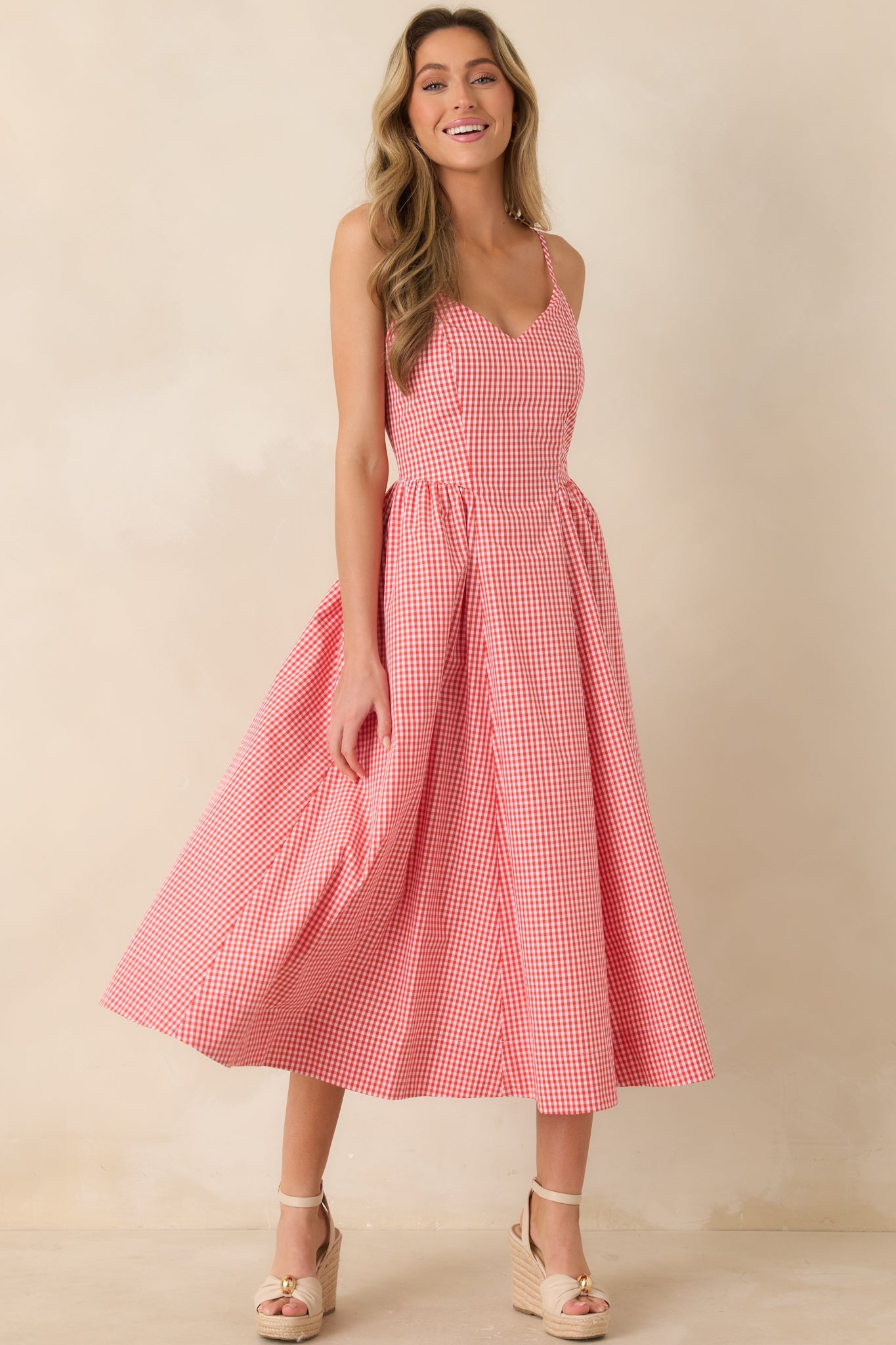 Weekend on the Coast Poppy Red Gingham Sleeveless Midi Dress
