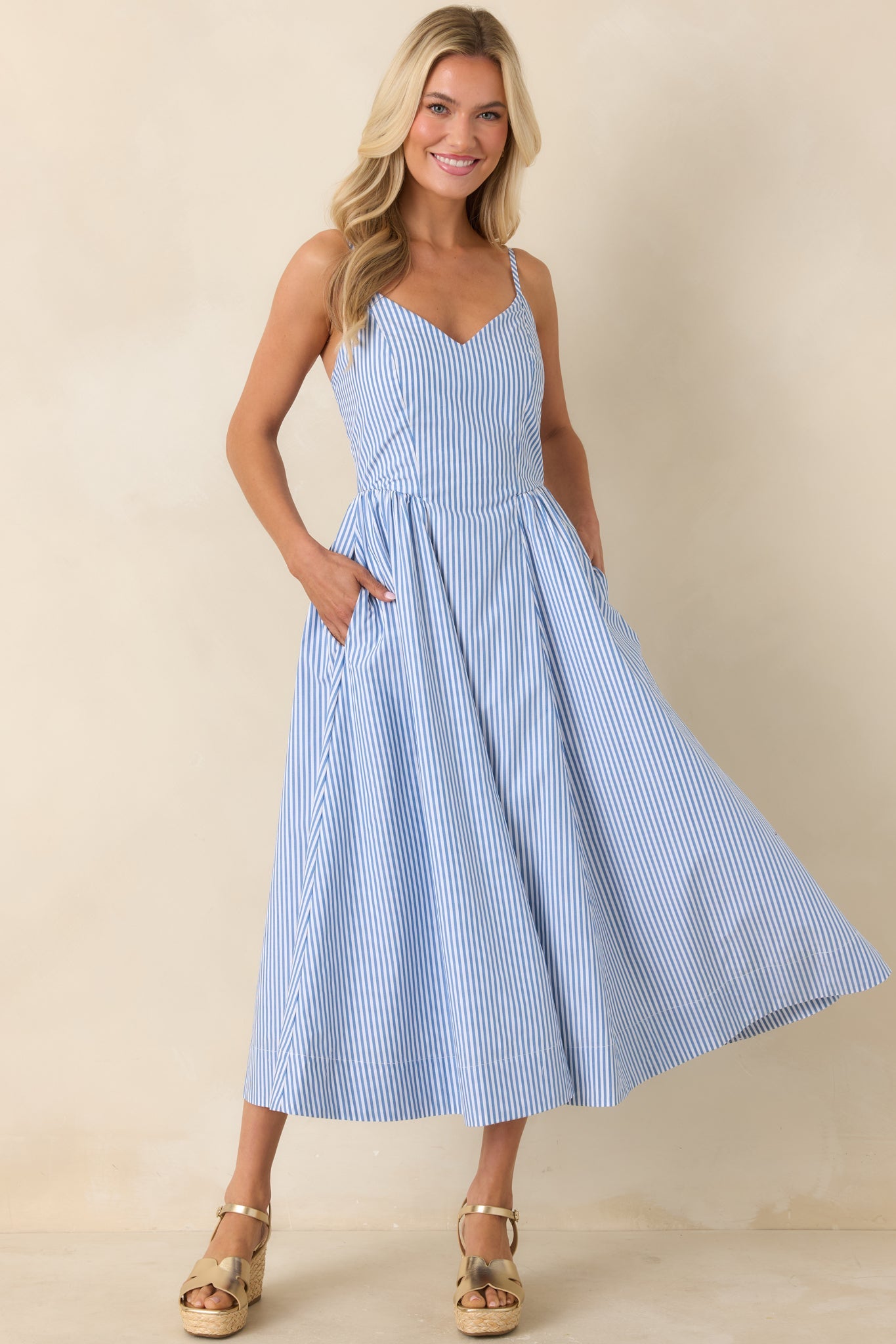 Weekend on the Coast Blue Stripe Sleeveless Midi Dress