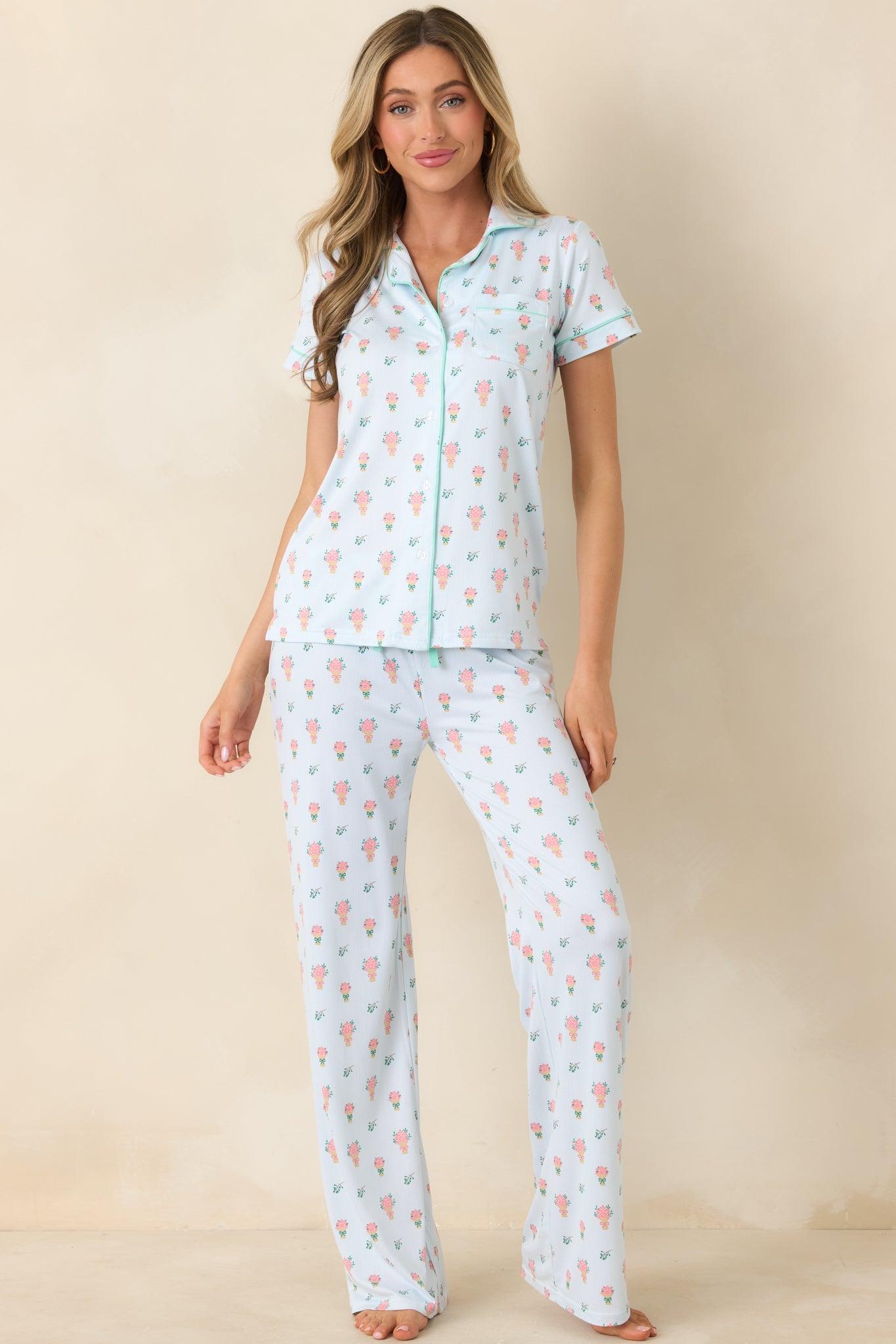 Mint to Be Mine Mint Green Multi Floral Print Short Sleeve Pajama Top