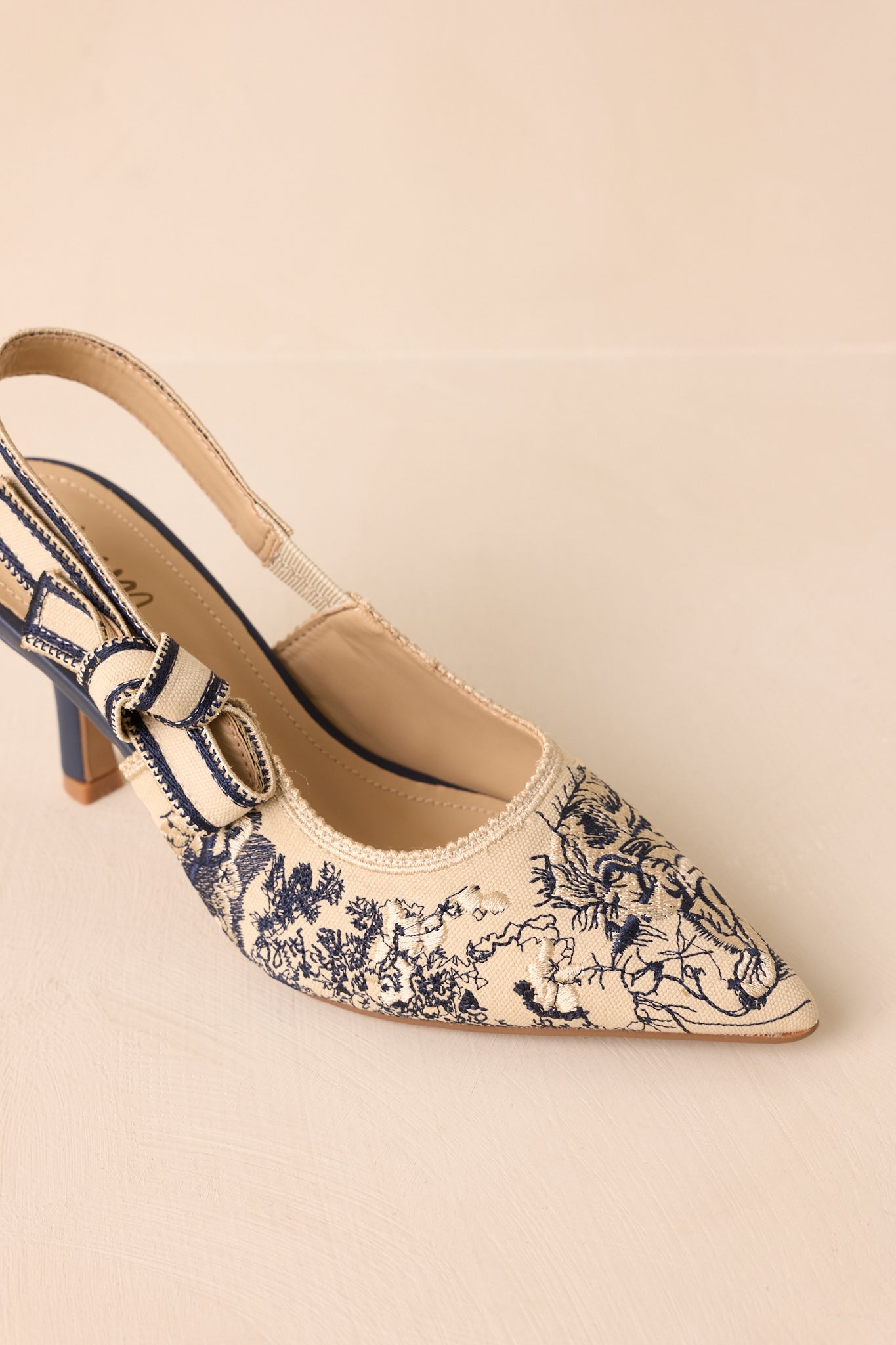 Written In Memories Vintage Navy Blue Multi Embroidered Fabric Slingback Heels
