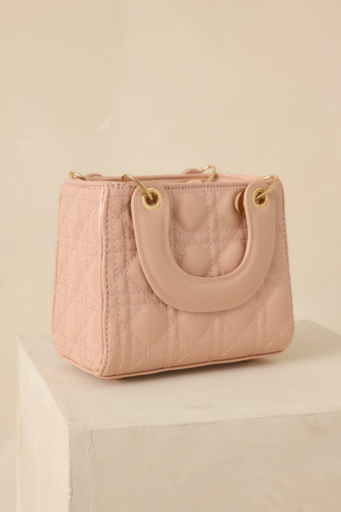 I Won't Tell Light Pink Faux Patent Leather Quilted Handbag