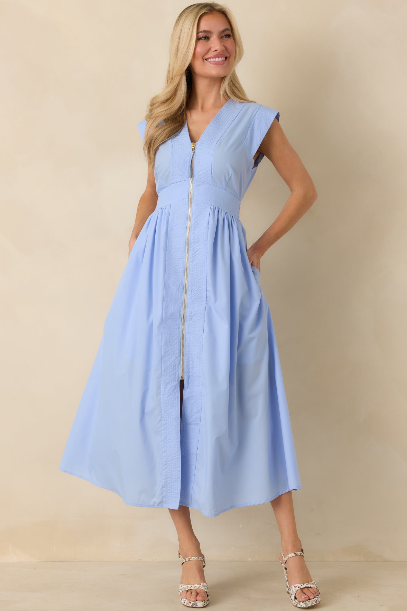 The Adeline Light Blue Zip Up Midi Dress