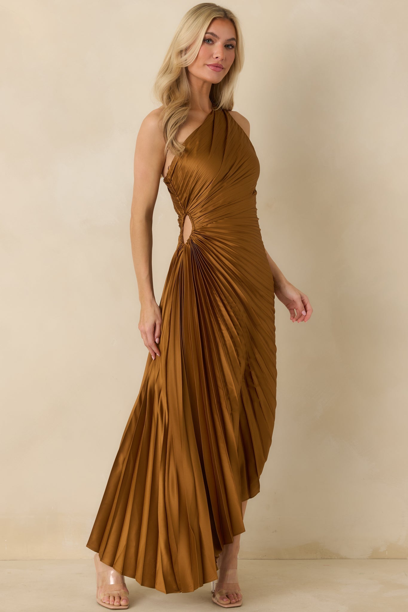 Poetic Charm Bronze Asymmetric One Shoulder Maxi Dress