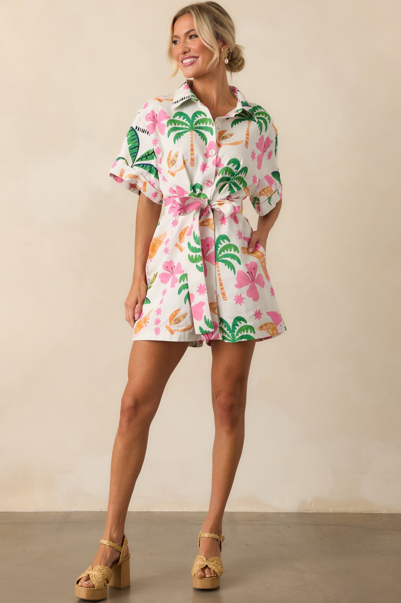 We Should Stay White Tropical Print Cotton Short Sleeve Romper