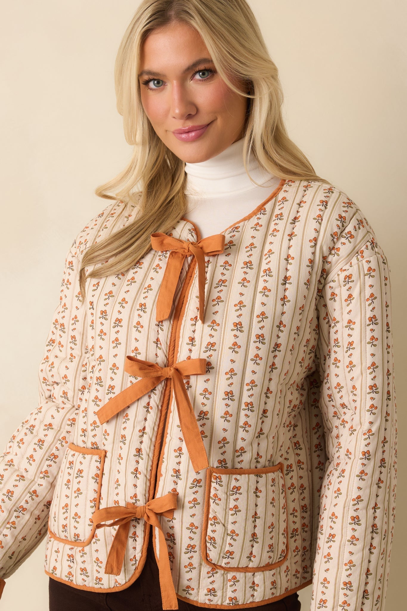 Take No Chances Orange Floral Print Cotton Quilted Bow Front Jacket