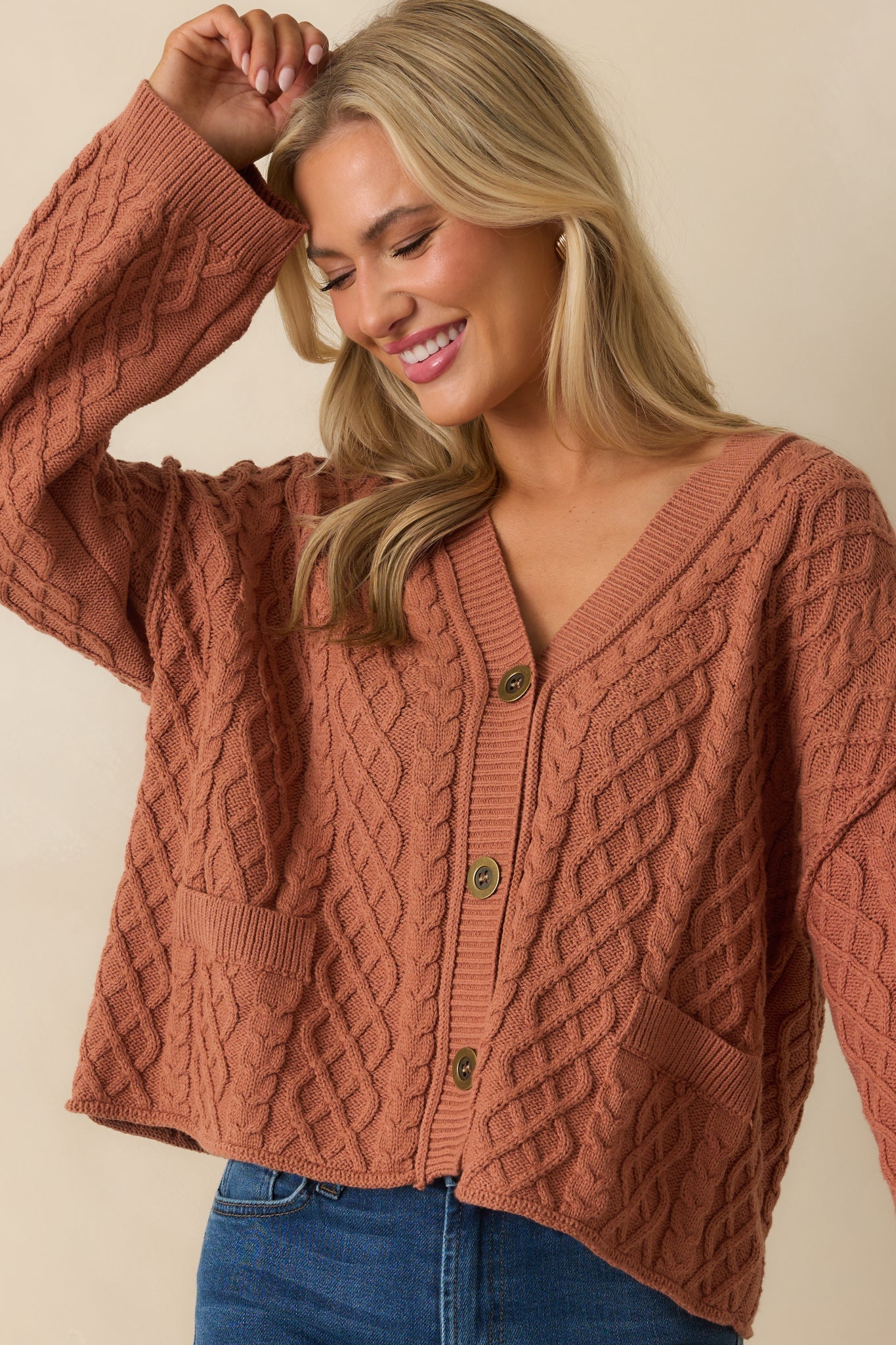 For Old Time's Sake Terracotta Cable Knit Button Up Cardigan