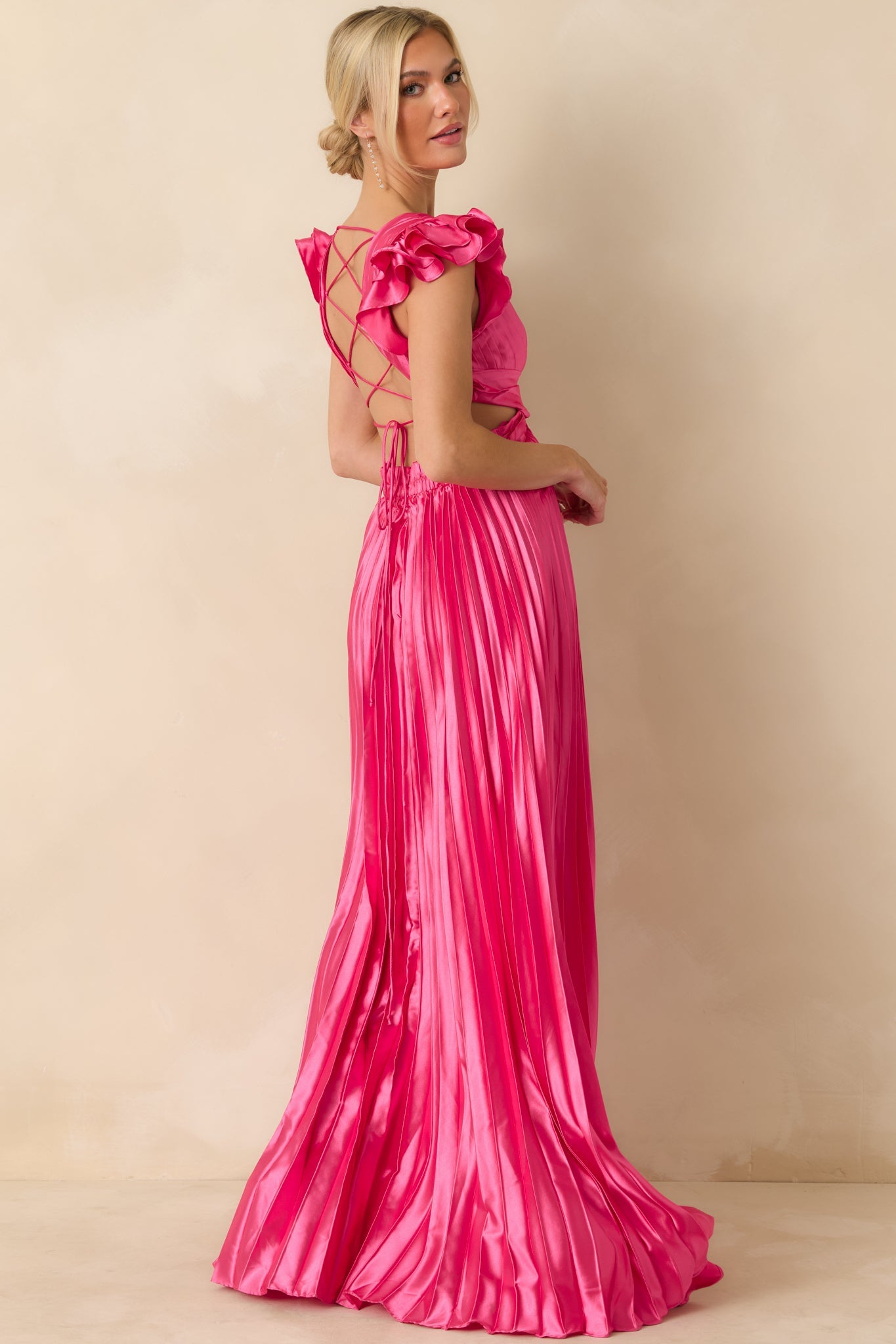 Let's Dance Hot Pink Pleated Satin Lace Back Maxi Dress