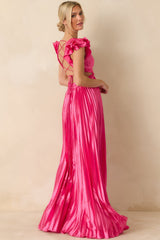 Let's Dance Hot Pink Pleated Satin Lace Back Maxi Dress