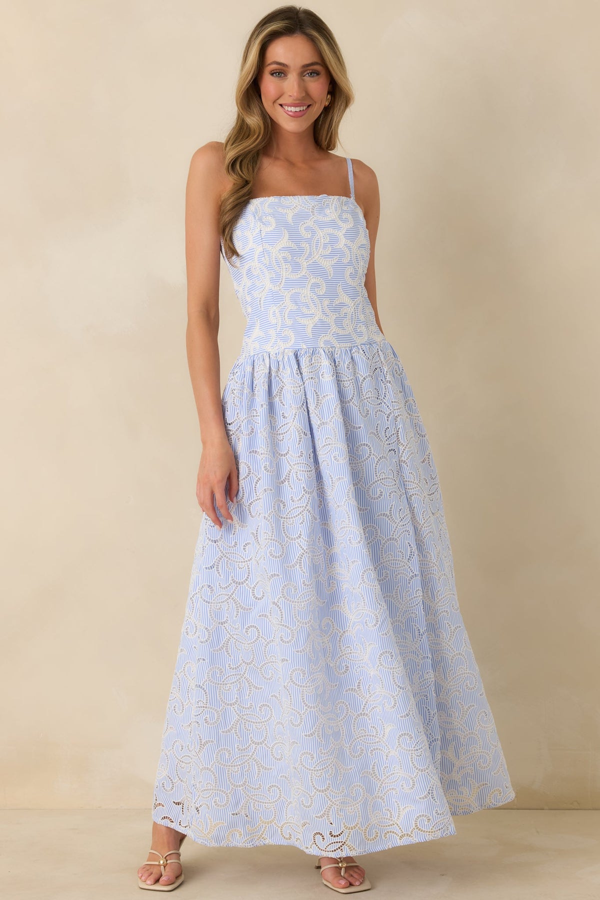 The Space Between Blue Stripe Embroidered Eyelet Maxi Dress