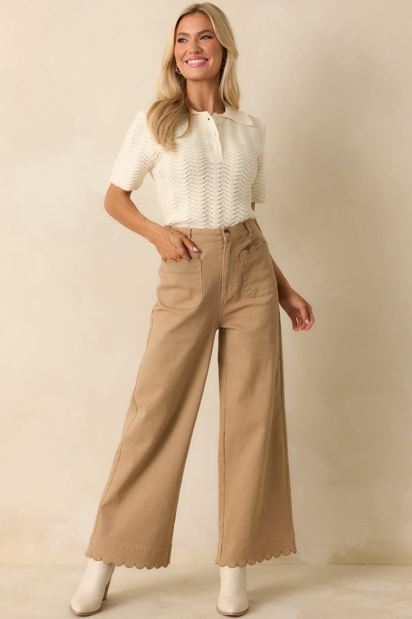 Left It At That Ivory Scalloped Pointelle Knit Short Sleeve Sweater