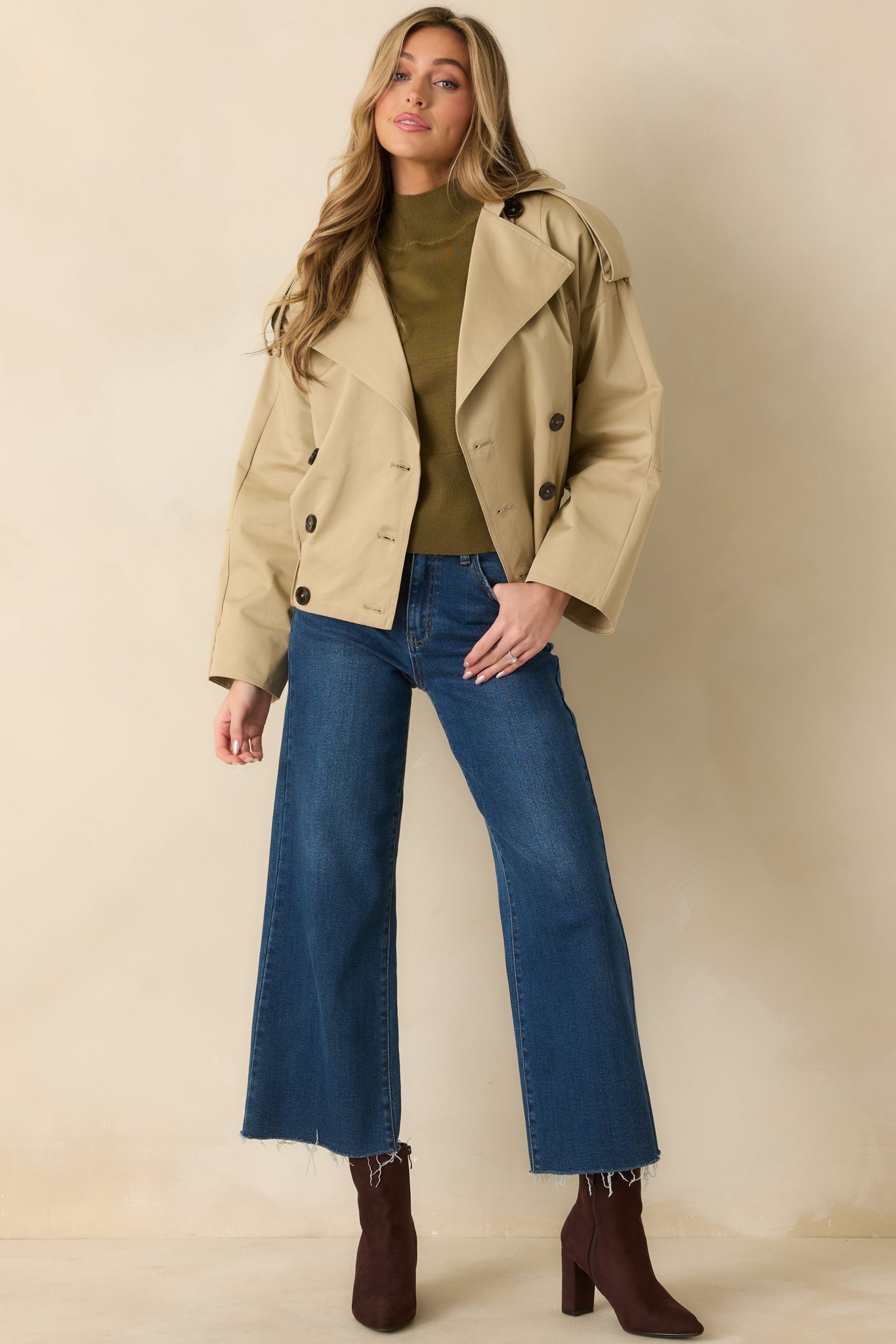 Modern Forecast Beige Cotton Double Breasted Cropped Trench Jacket