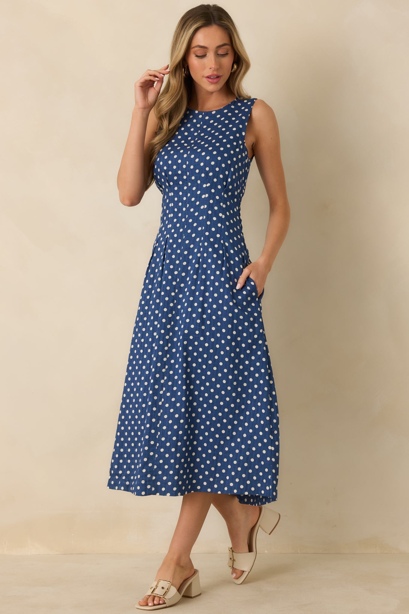 Nothing But Chic Blue Polka Dot Cotton Sleeveless Midi Dress