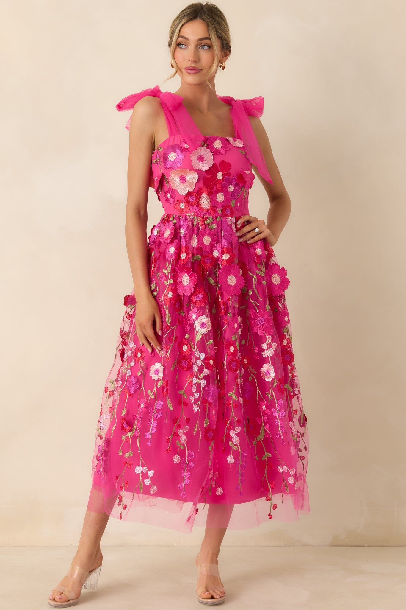 Spirit of Spring Fuchsia Pink Floral Embroidered Maxi Dress