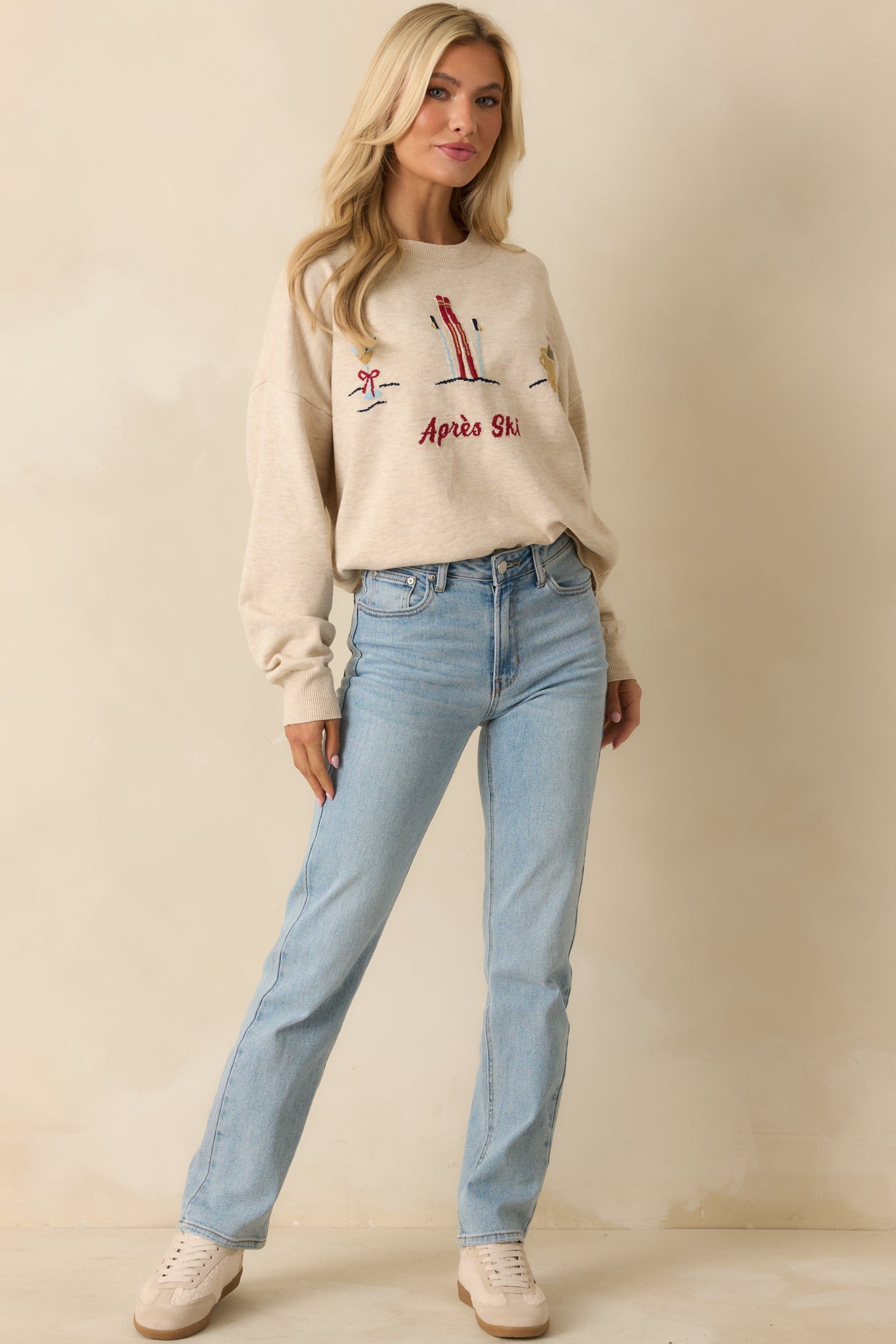Sips After Slopes Heathered Oatmeal Après Ski Crewneck Sweater