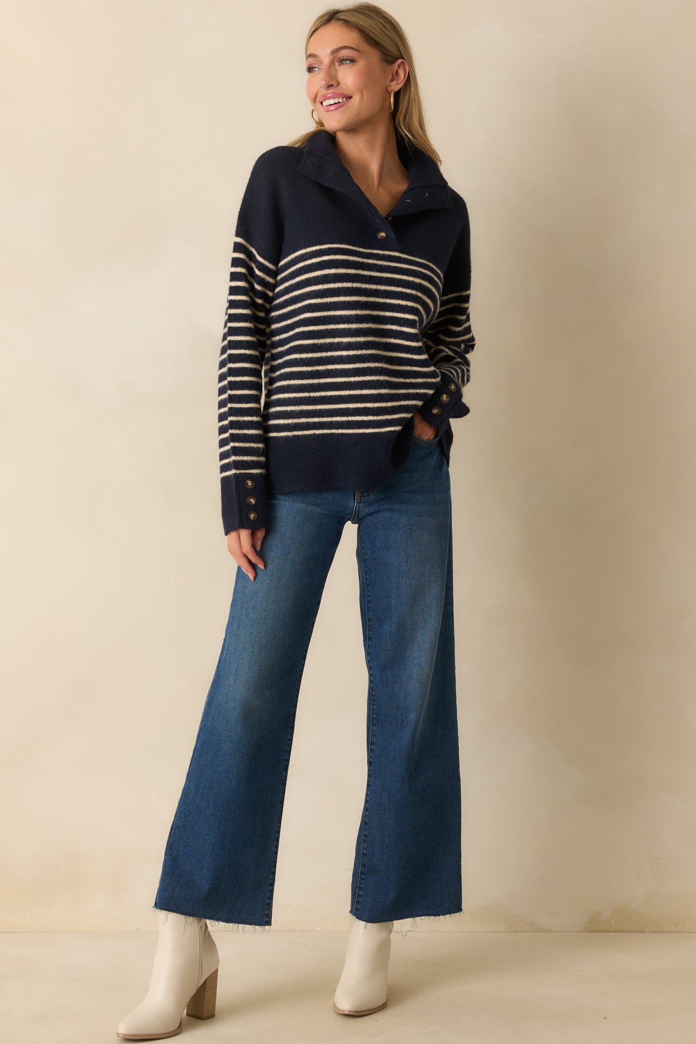 Before You Know It Navy Stripe Long Sleeve Collared Sweater