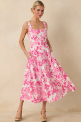 Destination Daydream Hibiscus Pink Palm Print Tie Back Midi Dress