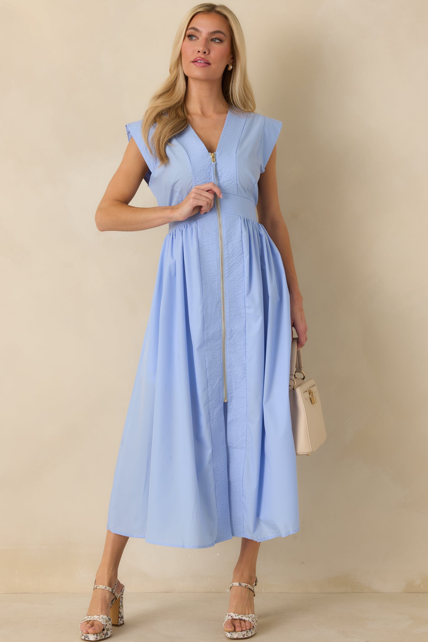 The Adeline Light Blue Zip Up Midi Dress