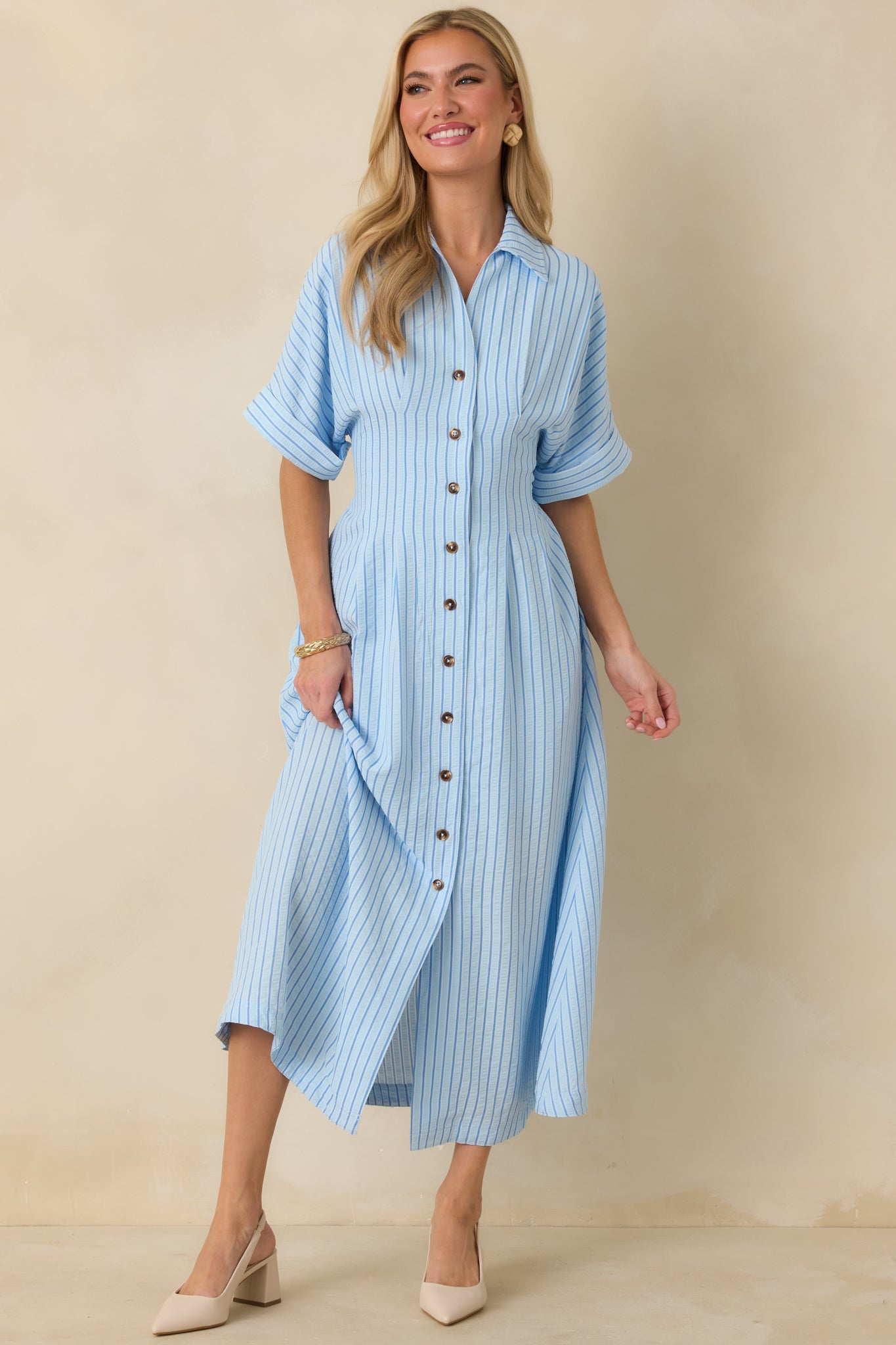 Wherever I Go Light Blue Stripe Smocked Waist Maxi Shirt Dress