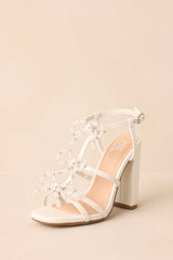 Reaching Higher Ivory Pearl Bow Front Ankle Strap Heels