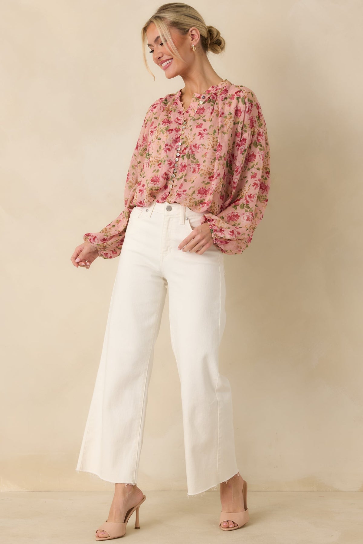 Where Roses Drift Blush Pink Multi Floral Sheer Blouse