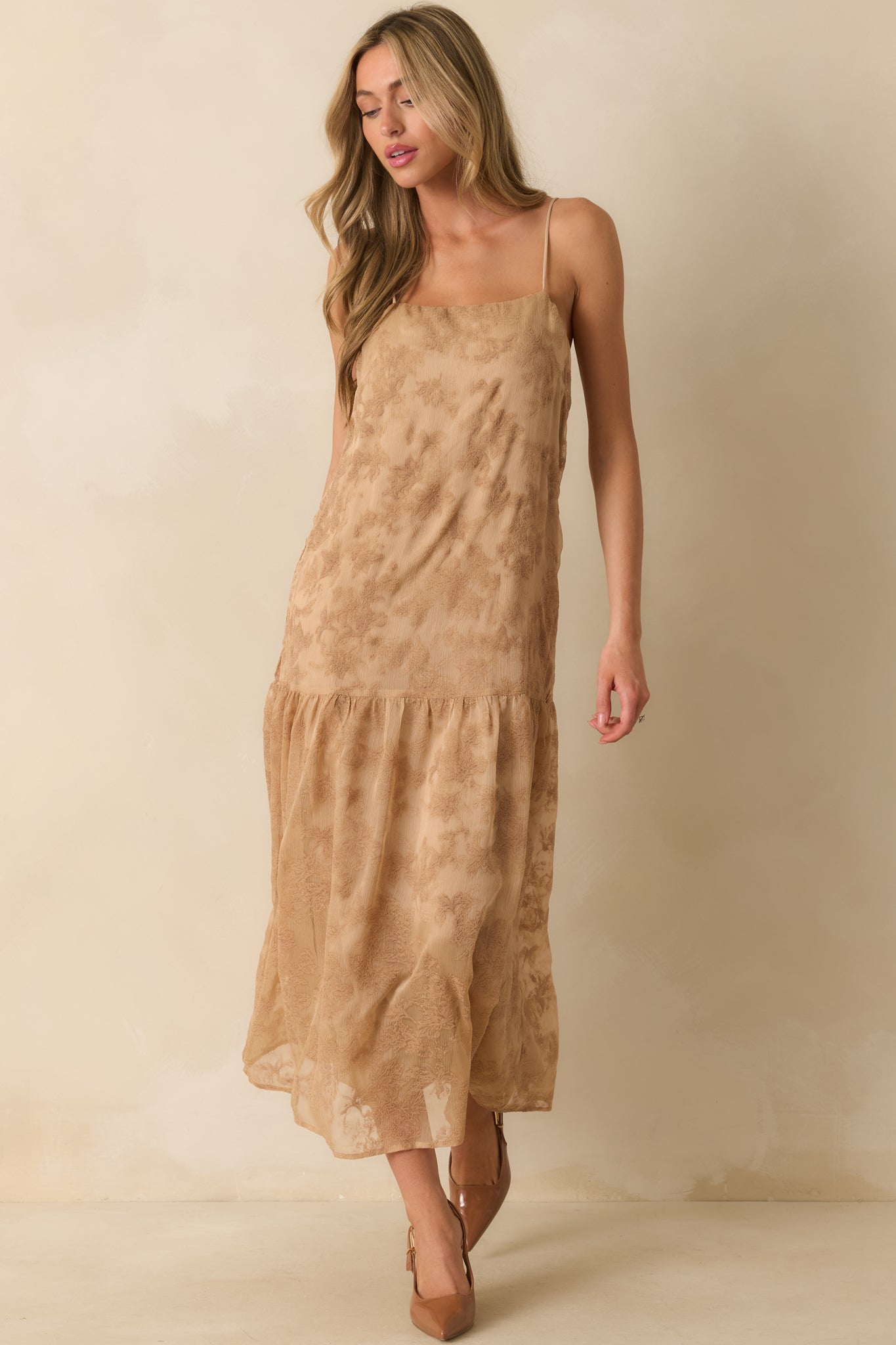 You Tell Me Tan Textured Floral Print Chiffon Drop Waist Maxi Dress