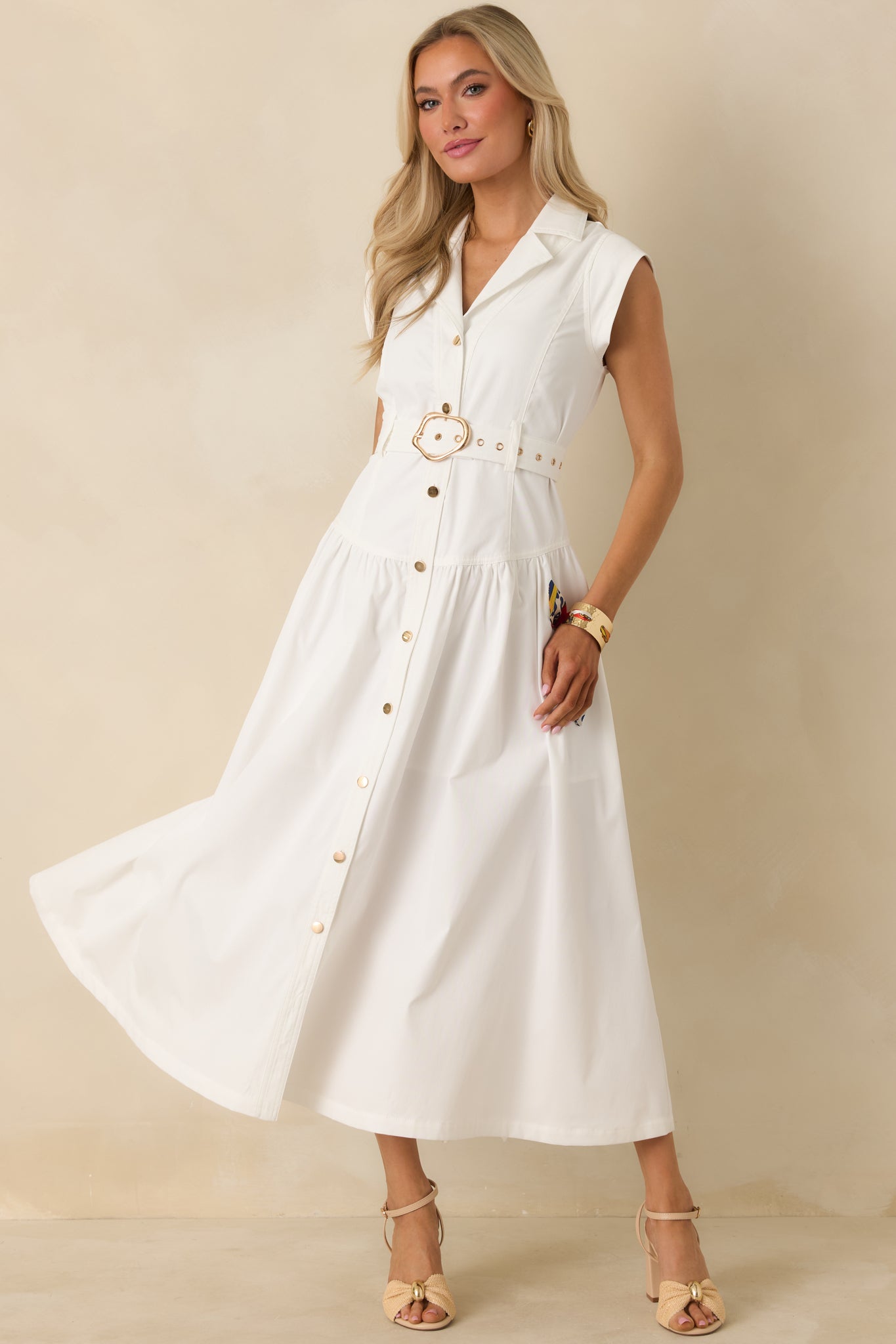 Just Right Moments White Sleeveless Belted Maxi Shirt Dress