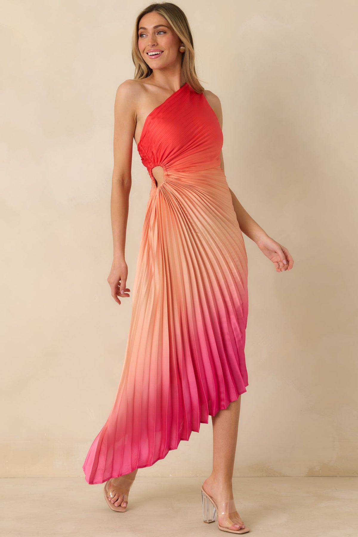 Poetic Charm Coral Pink Ombre Asymmetric One Shoulder Maxi Dress