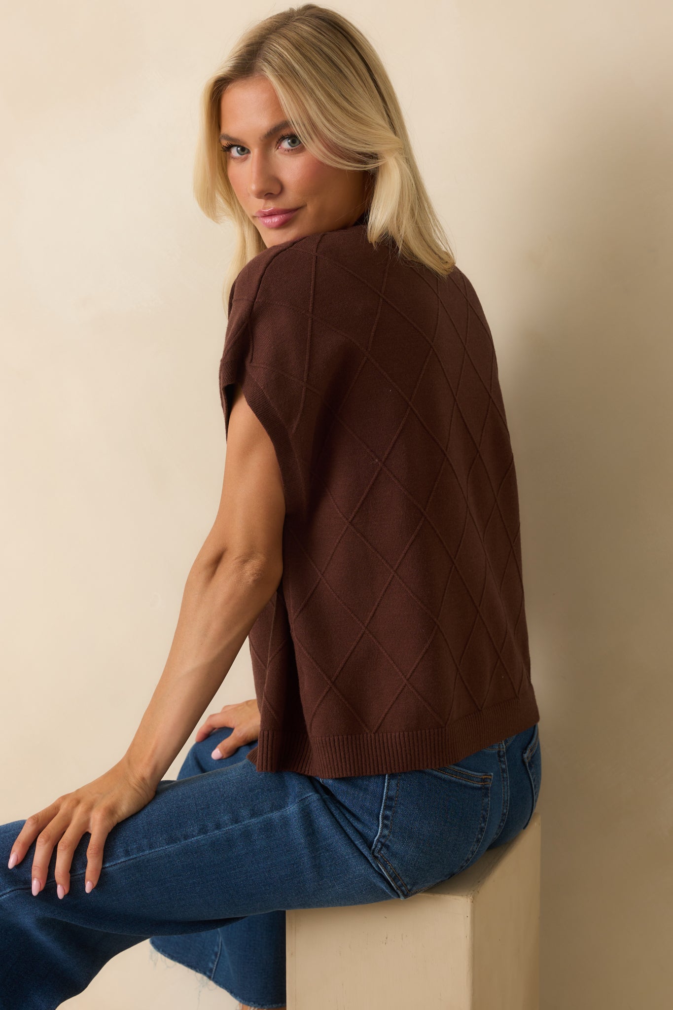 The Clear Choice Brown Short Sleeve Argyle Stitch Sweater
