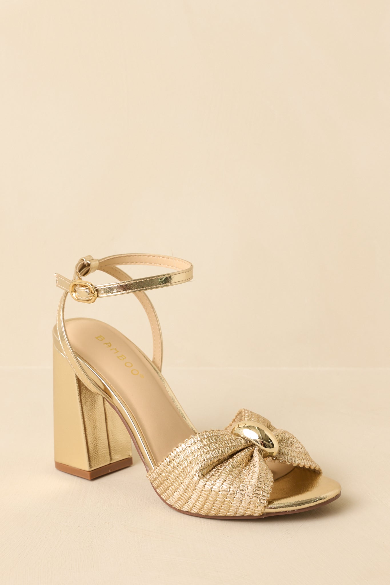 Charmed I'm Sure Gold Woven Bow Block Heel Sandals