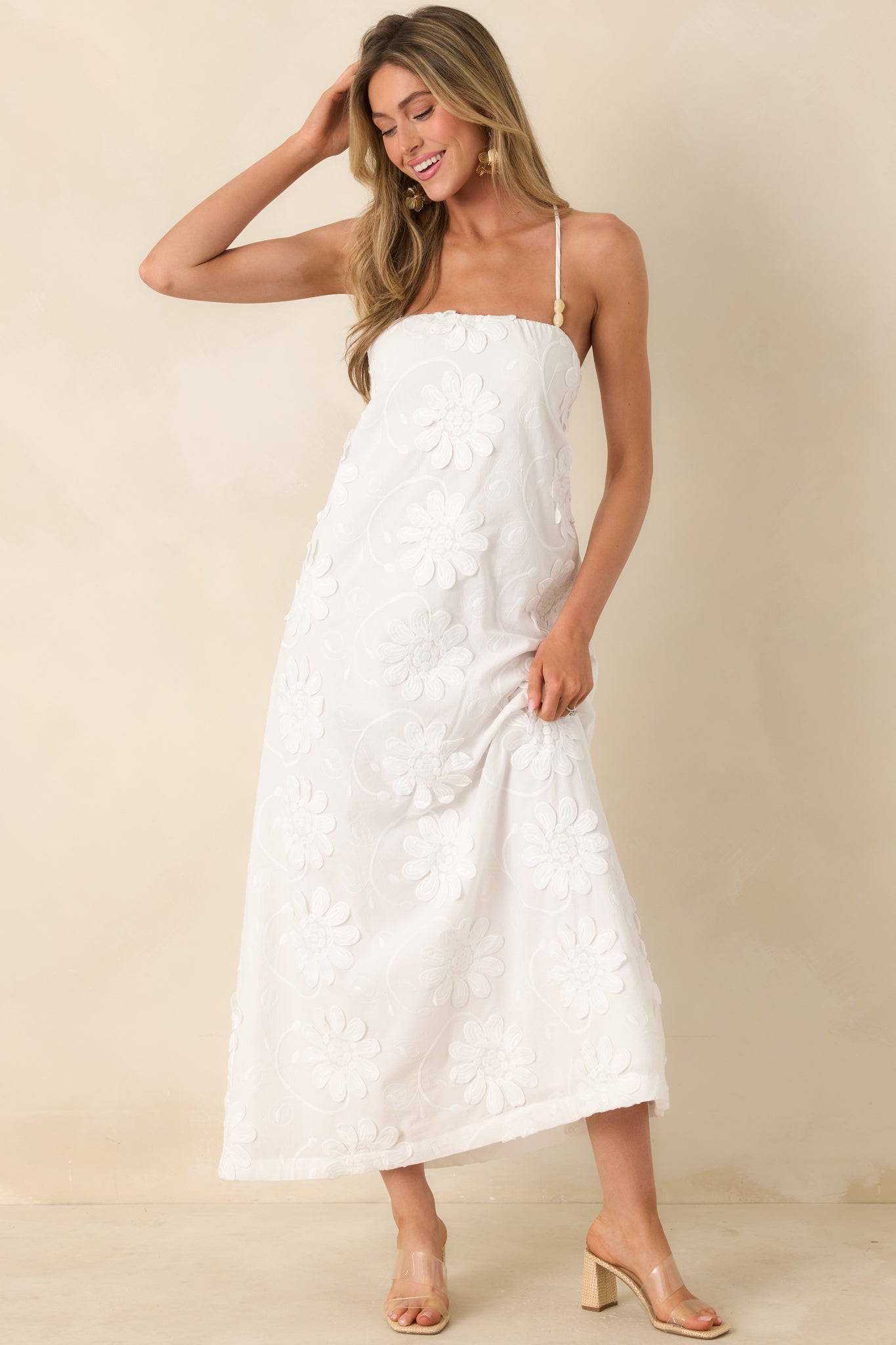 MINKPINK Alessia White Cotton Floral Applique Lace-Back Maxi Dress