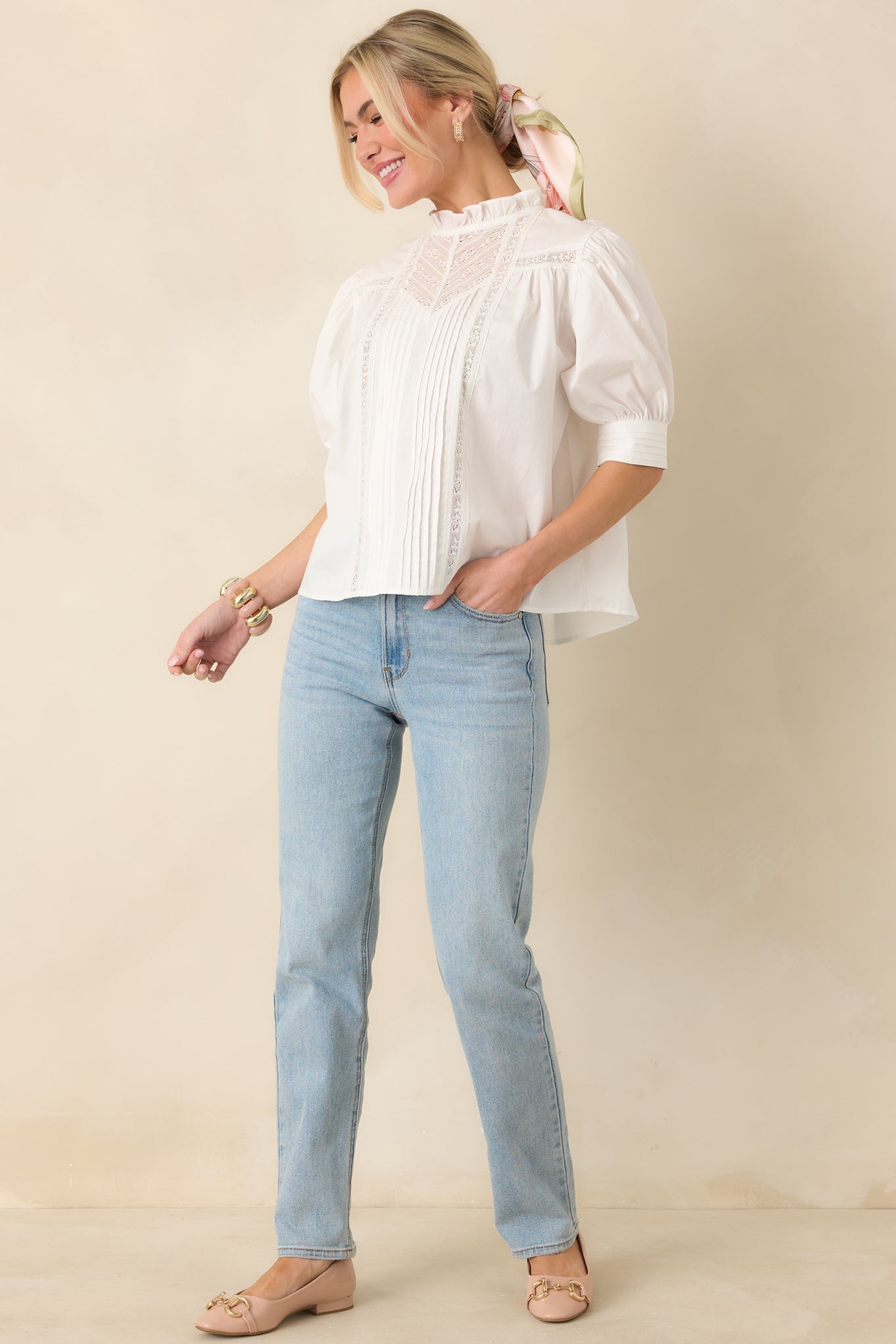 Lines Yet Written White Cotton Pintuck and Lace Puff Sleeve Top