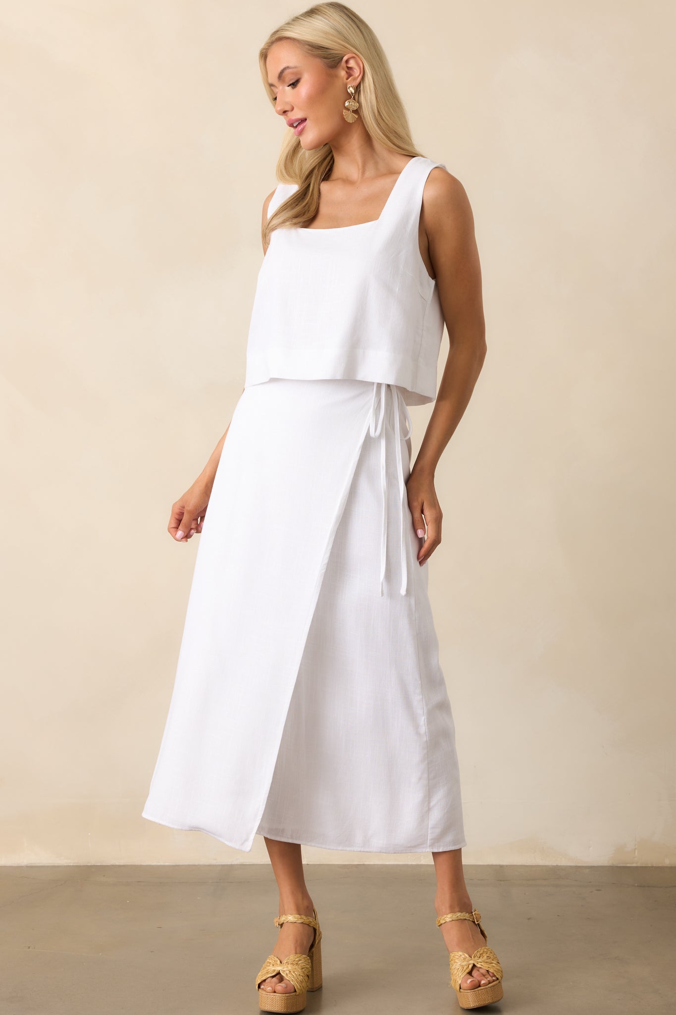 That Peaceful Feeling White Linen Blend Wrap Midi Skirt