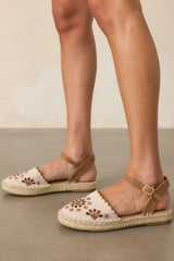 Running Late Canvas Brown Embroidered Eyelet Flat Espadrille Sandals