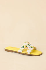 Picked Fresh for You Yellow Multi Lemon Print Slide Sandals
