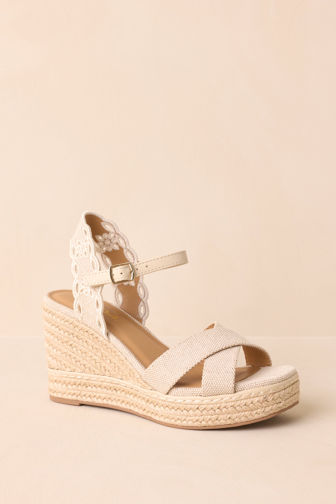 Taking It All In Beige Canvas Embroidered Eyelet Wedge Sandals