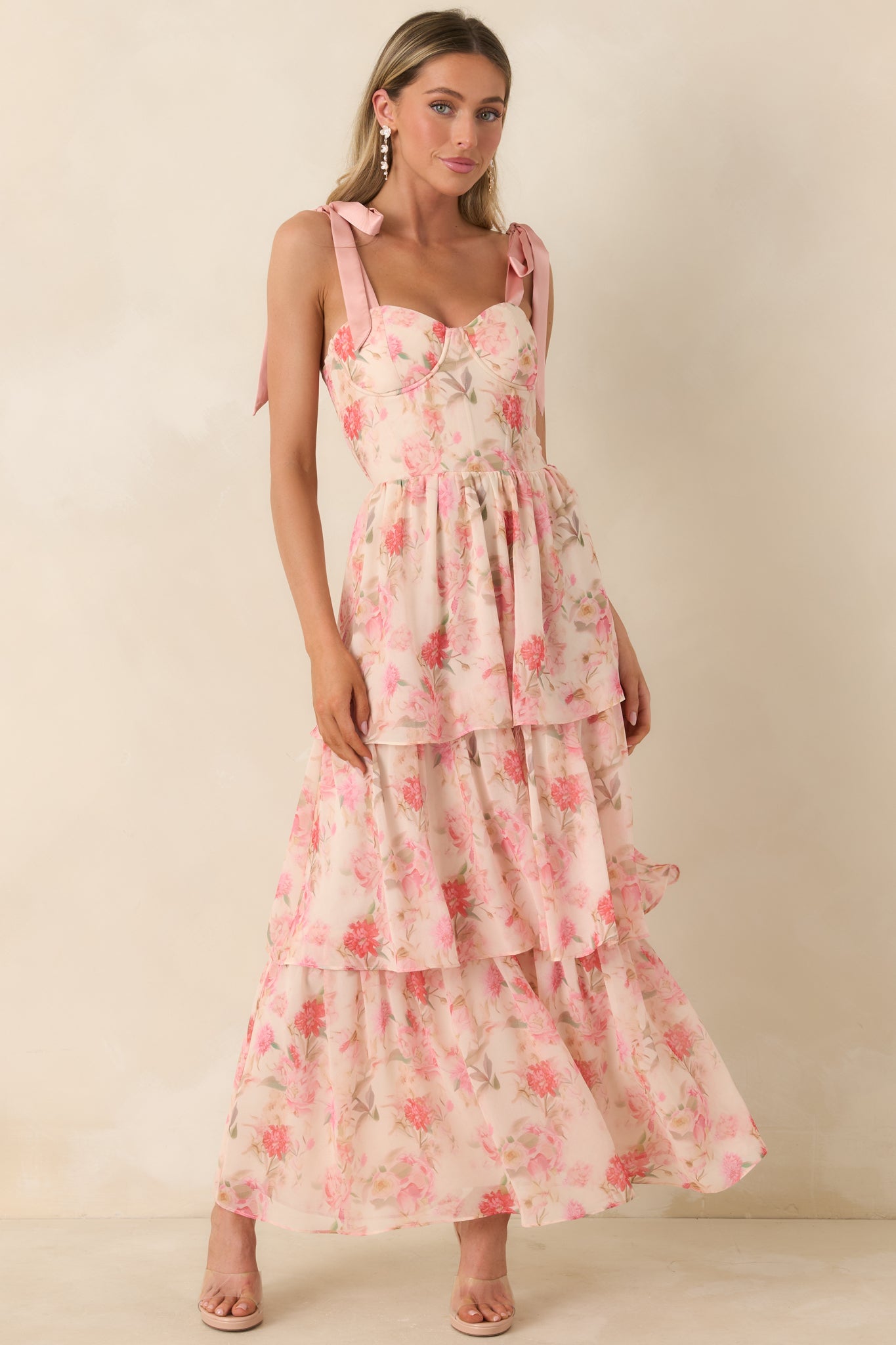 Written in Flowers Coral Pink Floral Tie Strap Maxi Dress