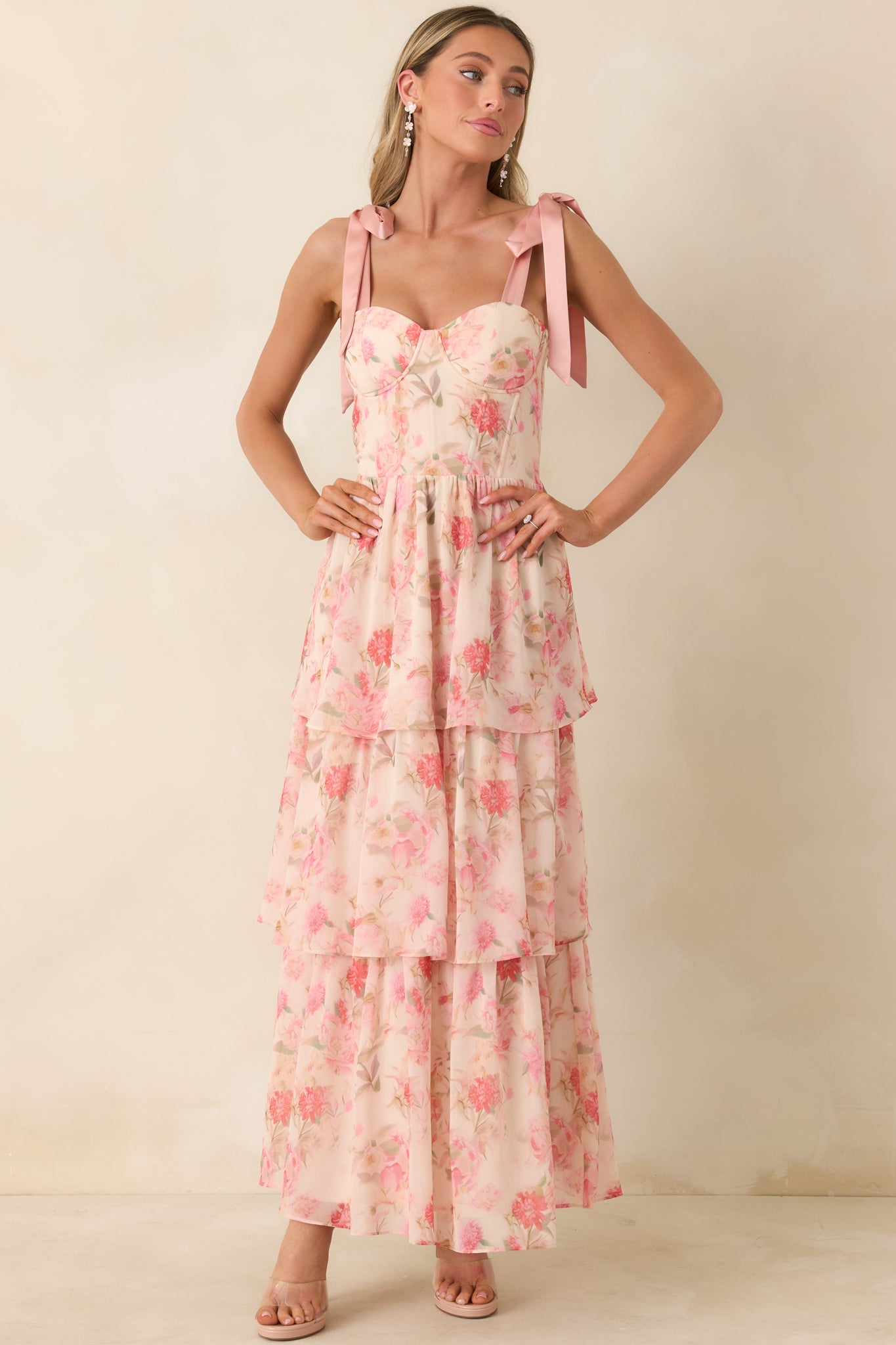 Written in Flowers Coral Pink Floral Tie Strap Maxi Dress